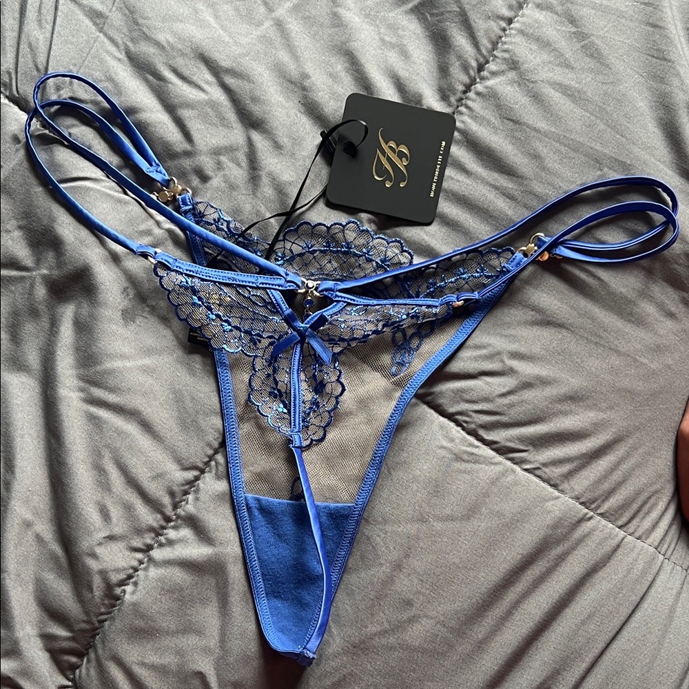Honey Birdette Romy Blue Lace Mesh G String - Picture 3 of 5